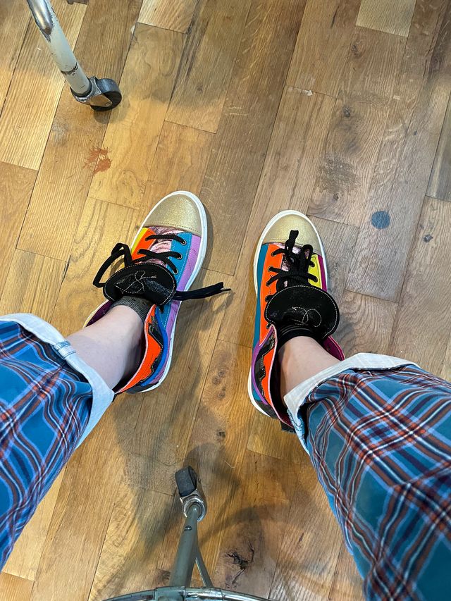 Top view of my blue plaid pant-legs
wearing the completed shoes.
