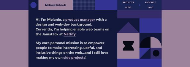 Melanie Richards home page banner
and intro, with geometric shapes
in various shades of blue, pink, and purple